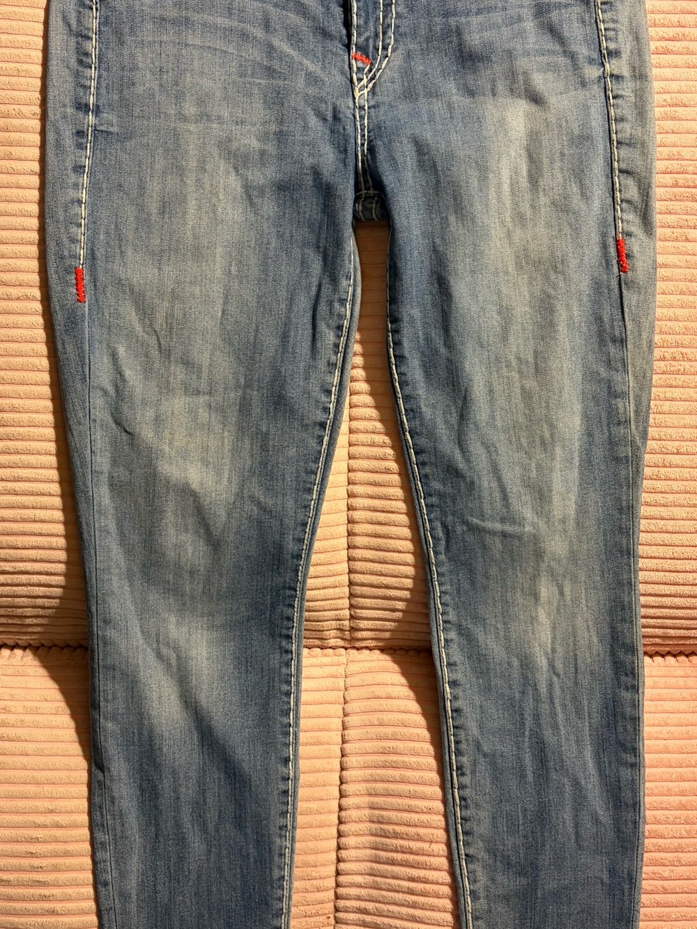 True Religion Women's Light Blue Skinny Jeans with Red Stitch Accents